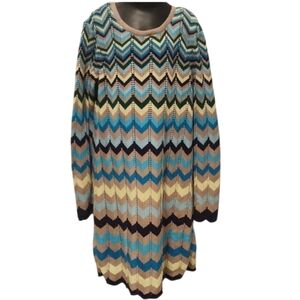 Hanna Andersson Blue And Tan Flamestitch Chevron Lined Sweater Dress 140